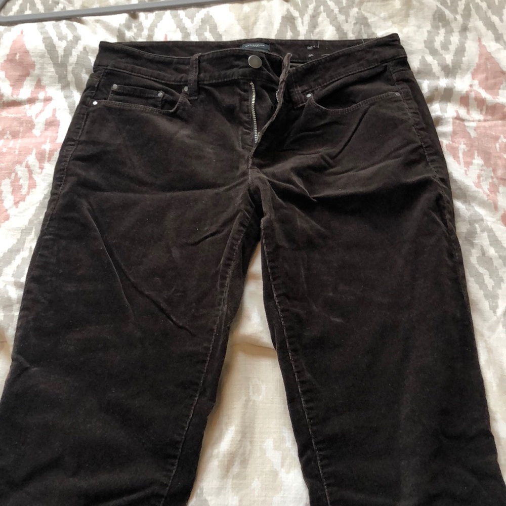 Dark brown corduroy straight leg pants.